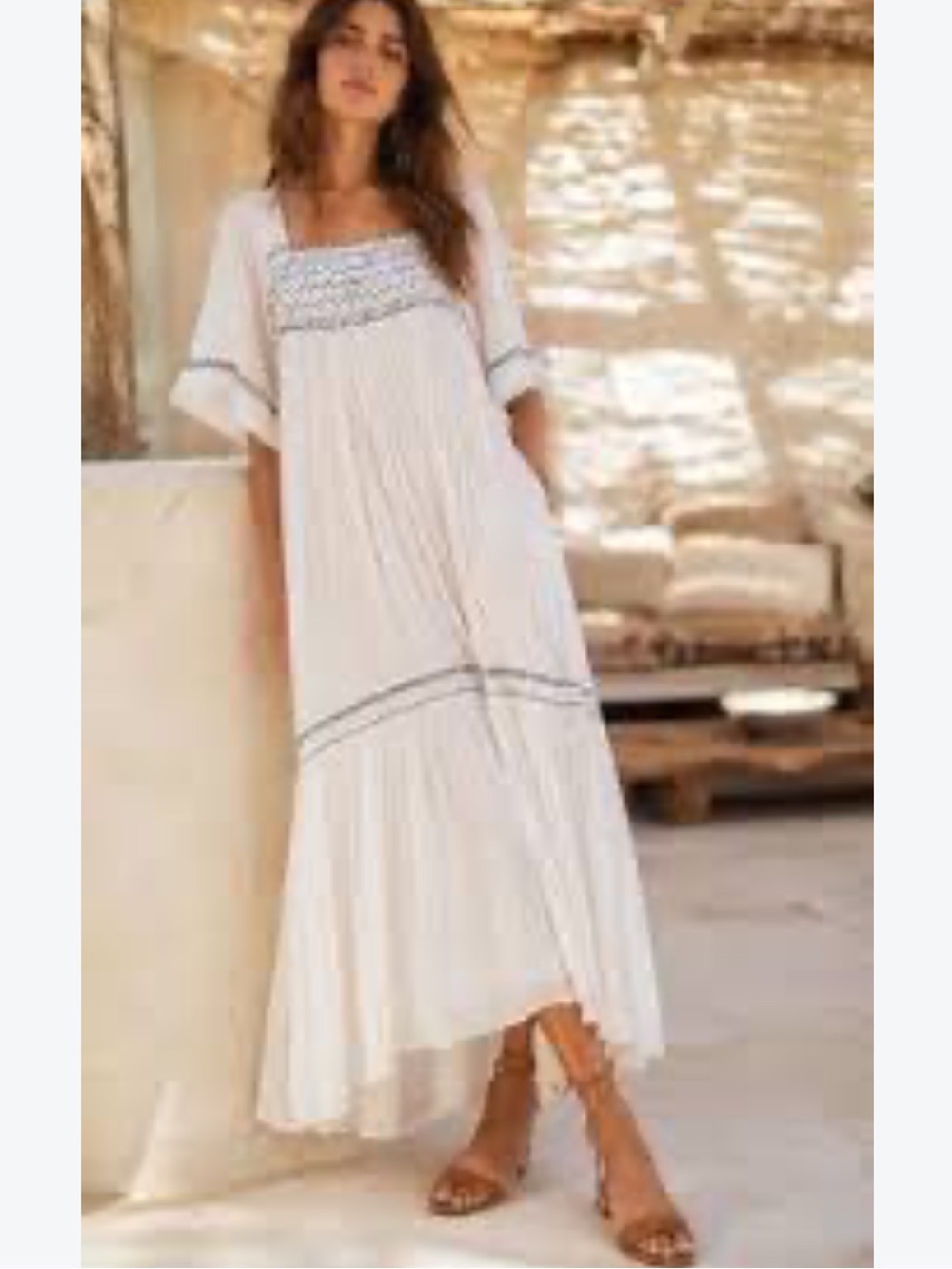 Free People Cream Embroidered Square-Neck Maxi Dress